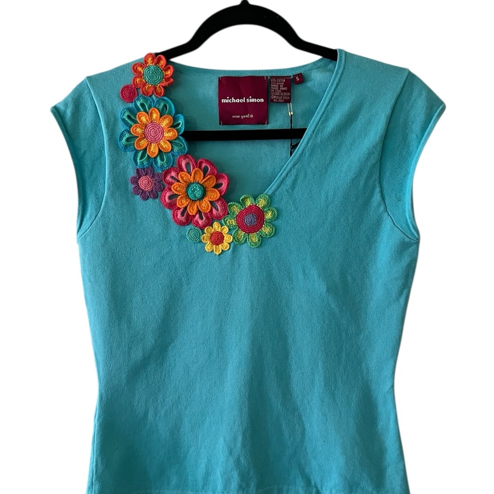 Michael Simon Turquoise Top with Colorful Floral Accents